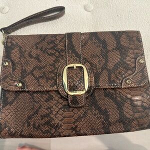 Brown Snake-Print Wristlet Clutch with Gold Buckle